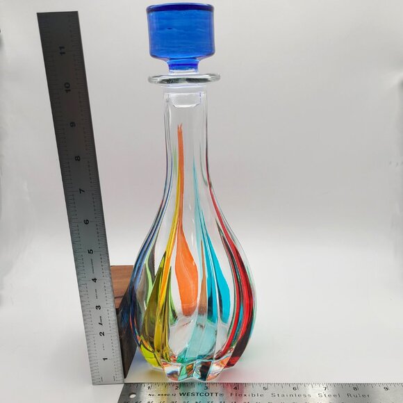CC Zecchin Venezia Art Glass Rainbow Decanter Cobalt Stopper Italy Signed 12" - Picture 14 of 14